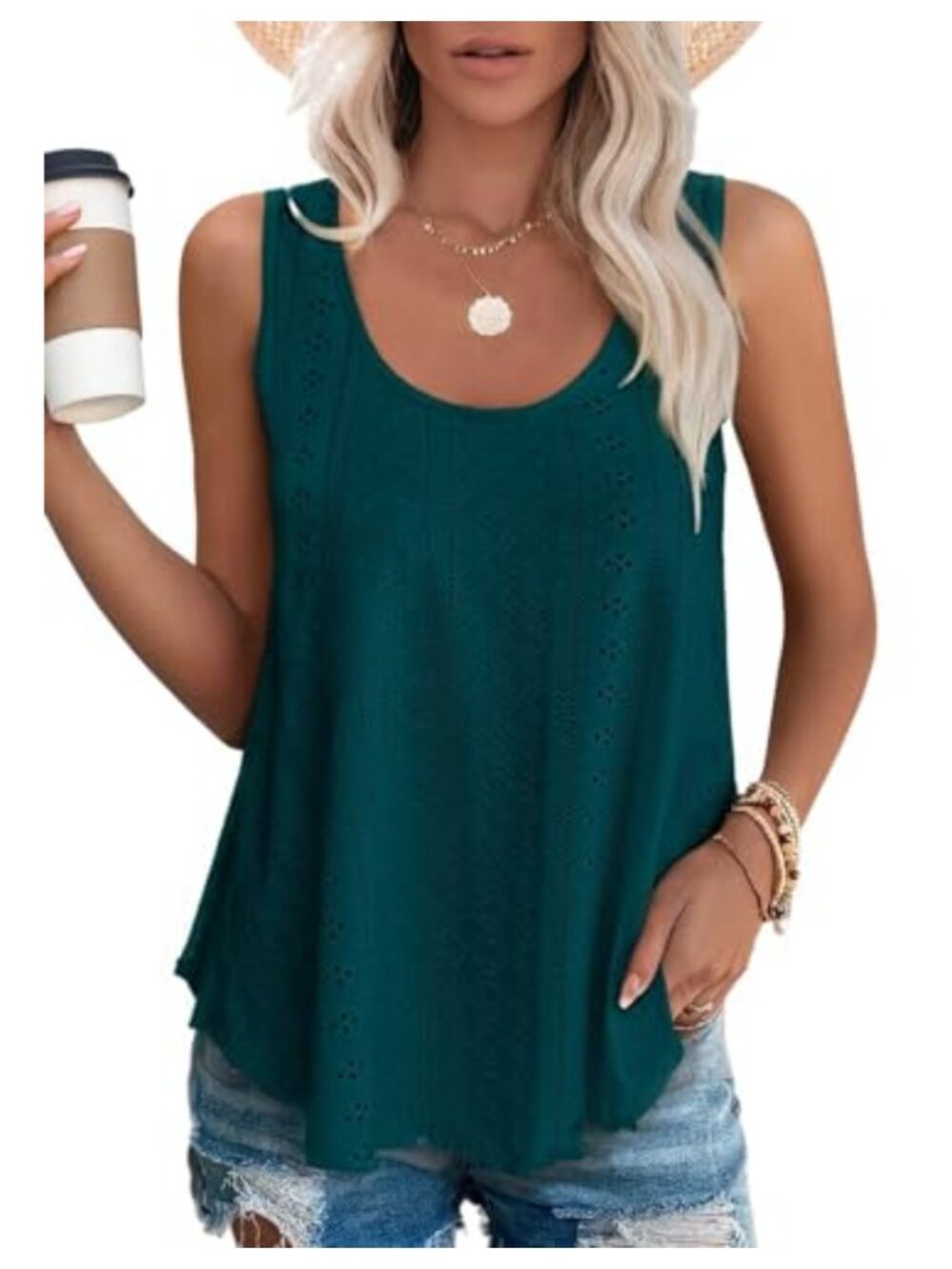 Womens Tank Top Eyelet Embroidery Scoop Neck Loose Casual Sleeveless Flowy